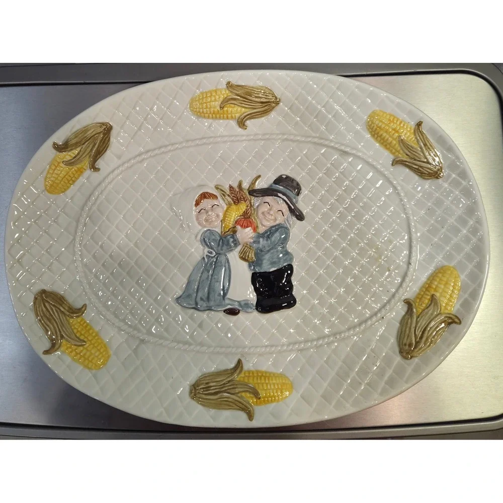 Vintage Thanksgiving Ceramic Serving Platter Pilgrim Harvest Corn Oval Platter